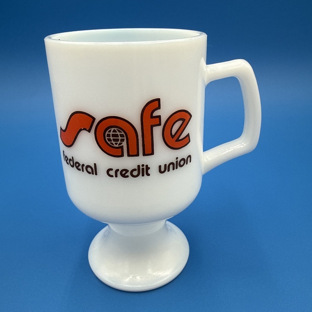 Vintage Milk Glass Coffee Mug Glasbake Safe Credit Union 10‎ Oz Advertising Cup